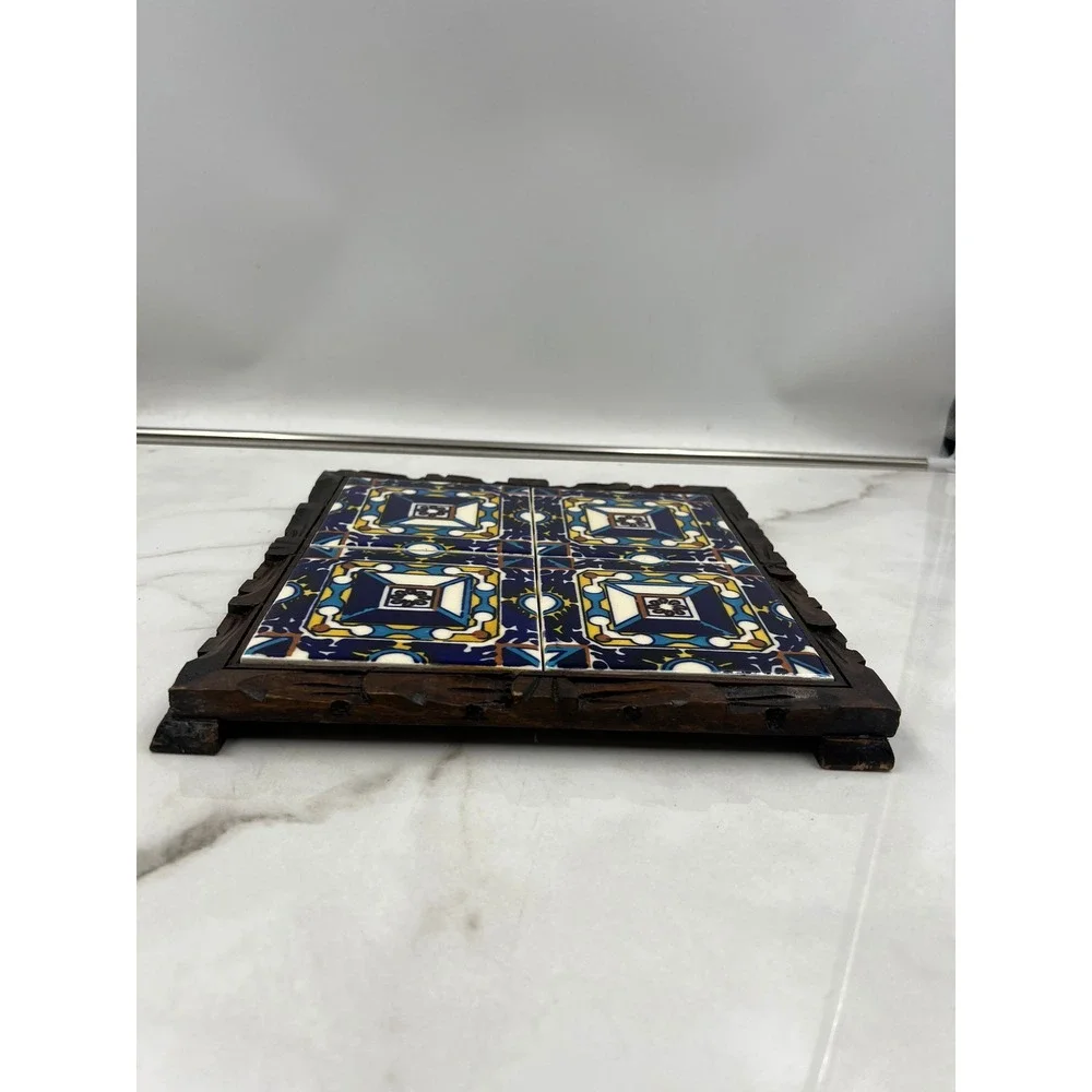Vintage Orion Monterrey Mexico Ceramic Tile Trivet Carved Wood Frame Talavera